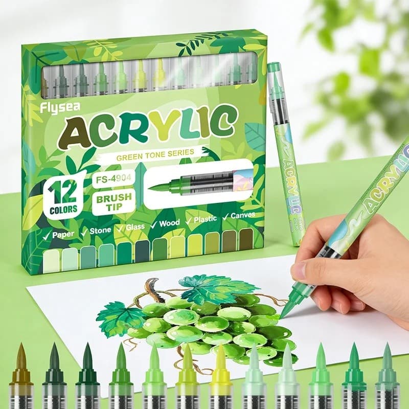 Canetas De Pintura Em Tom Verde , Ponta De Pincel , Marcadores Acrílicos Para Livros Colorir , Rocha , Tela , Vidro Cerâ