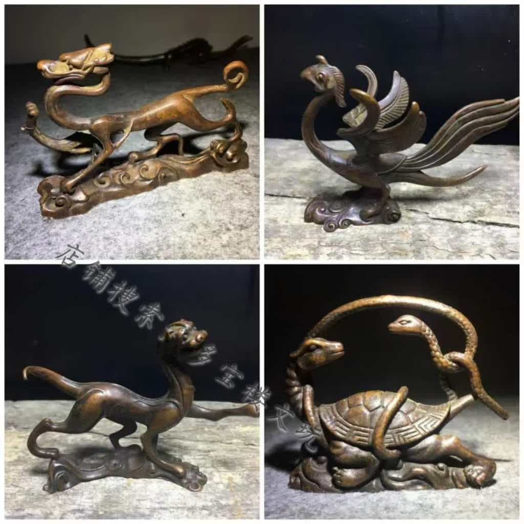 Antigo Bronzeware quadrado mítico besta Qinglong tigre branco espírito besta Suzaku Xuanwu caneta titular cidade casa ca