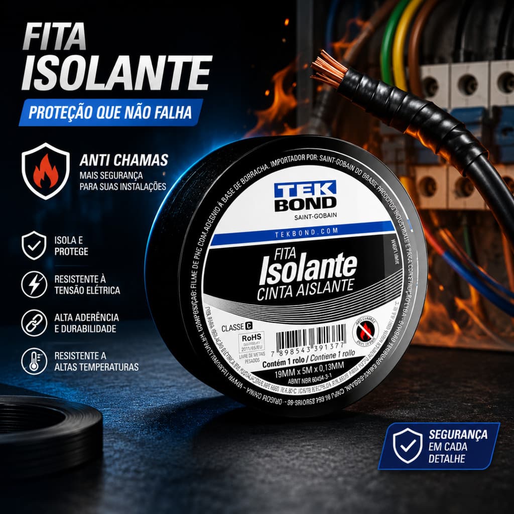 Fita Isolante Profissional 5 Metros x 19mm Preta TekBond