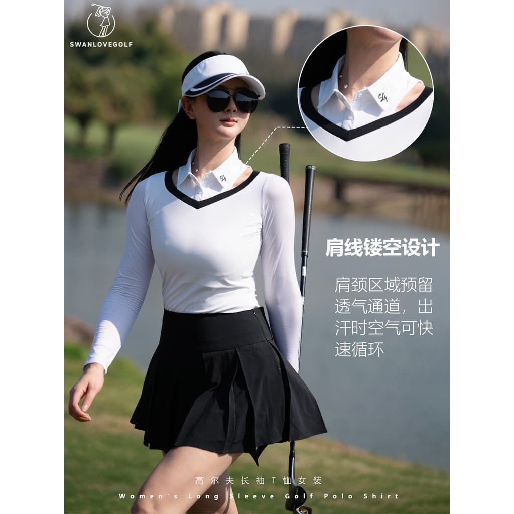 Top de golfe feminino primavera verão oco lapela gelo seda manga comprida camiseta de secagem rápida alta elasticidade r