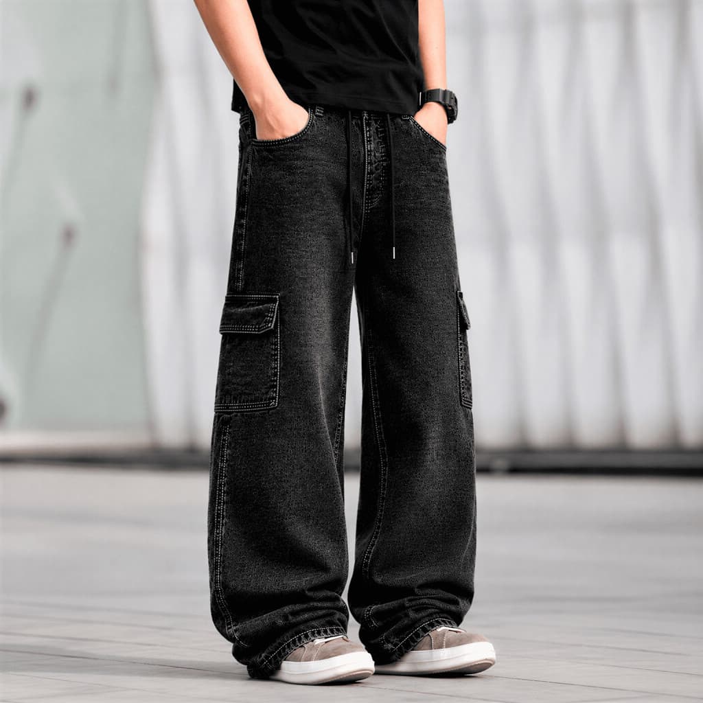 Calça Cargo Masculina 6 Bolsos Estilo Urbano Streetwear Wide Leg Sarja Skate Oversized Casual Utilitária Confortável