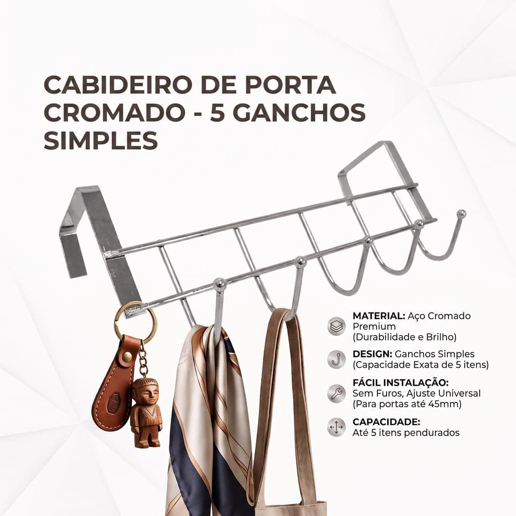 Cabideiro Suporte para Porta de Armários de Cozinha e Lavanderia em Metal com 5 Ganchos