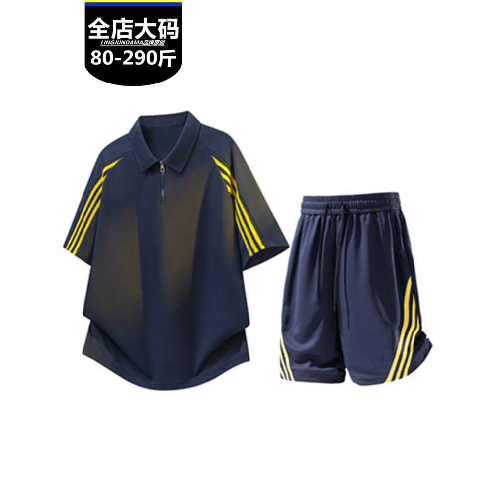 Tamanho grande terno estilo verão masculino juventude listrado camisa polo Shorts de manga curta terno de duas peças bon