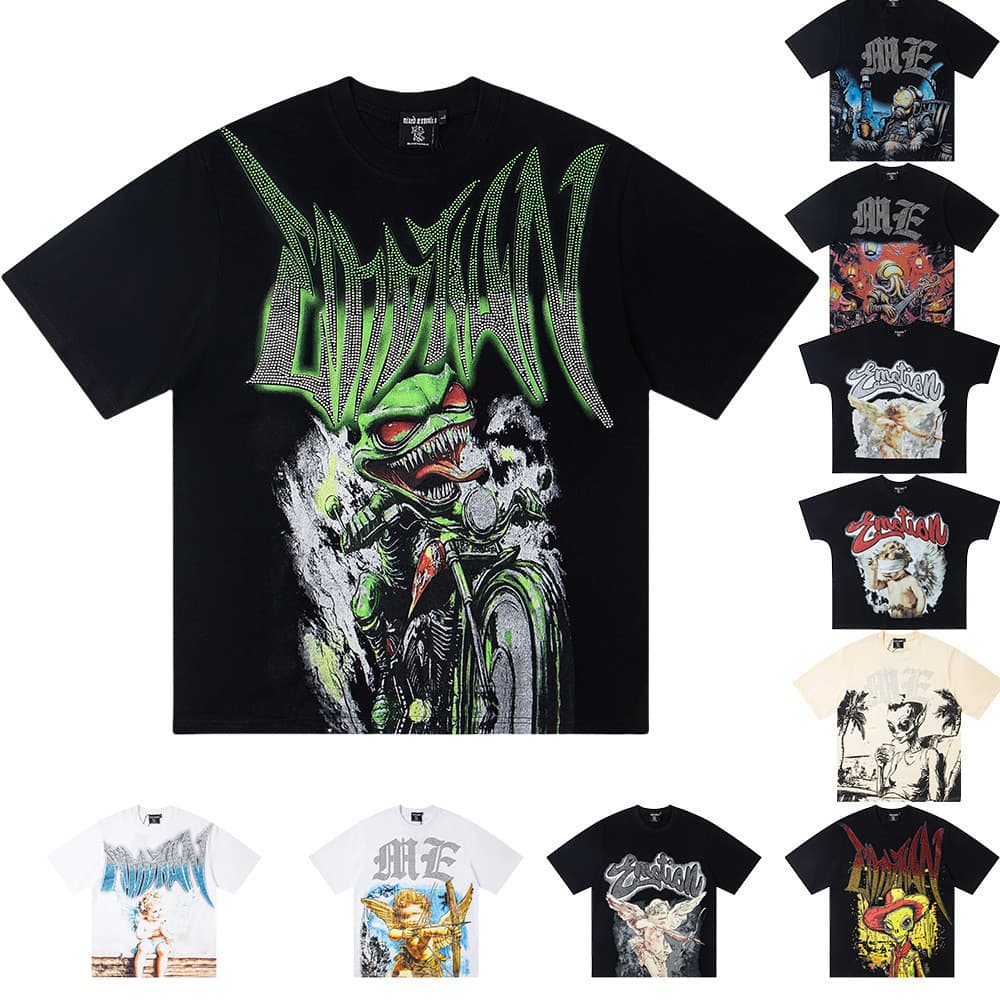 Linda moda mista emoção quente diamante impressão americana rua Hip Hop puro algodão manga curta solta 8.21