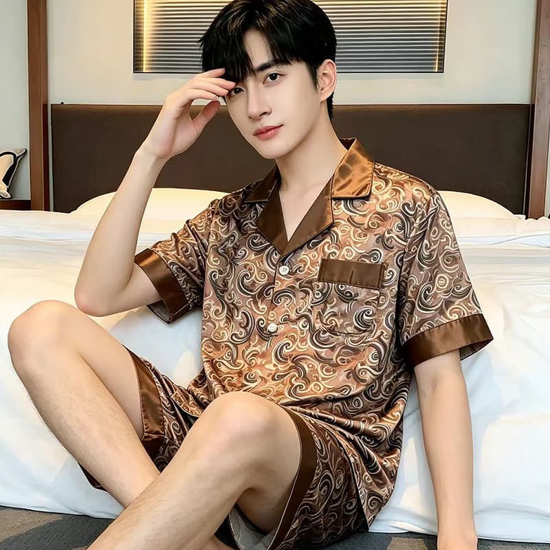 [Novo produto] pijamas masculinos verão pijamas de seda gelo de manga curta fino meninos simulação seda verão Homewear t