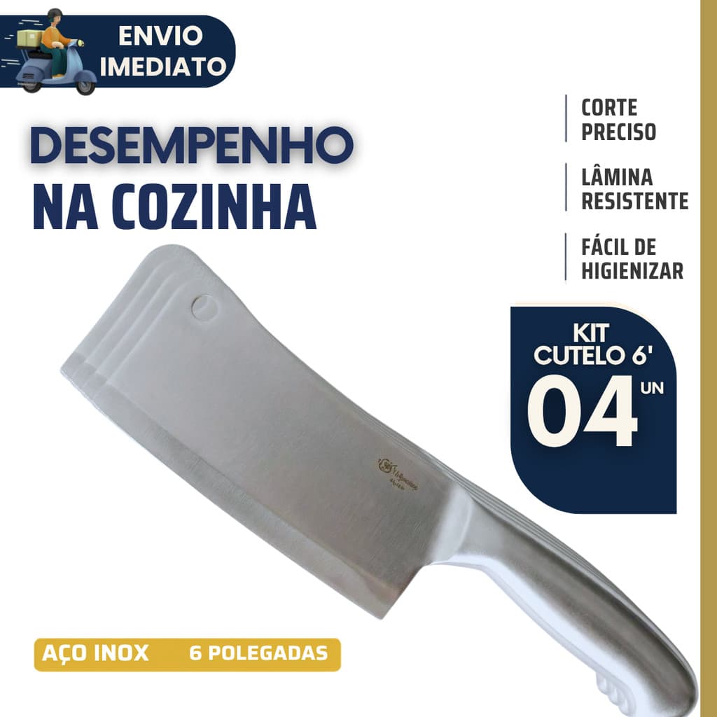 Kit 4 Faca Cutelo Aço Inox 6 Polegadas Profissional Açougueiro Corta Osso Carnes Churrasco Cozinha