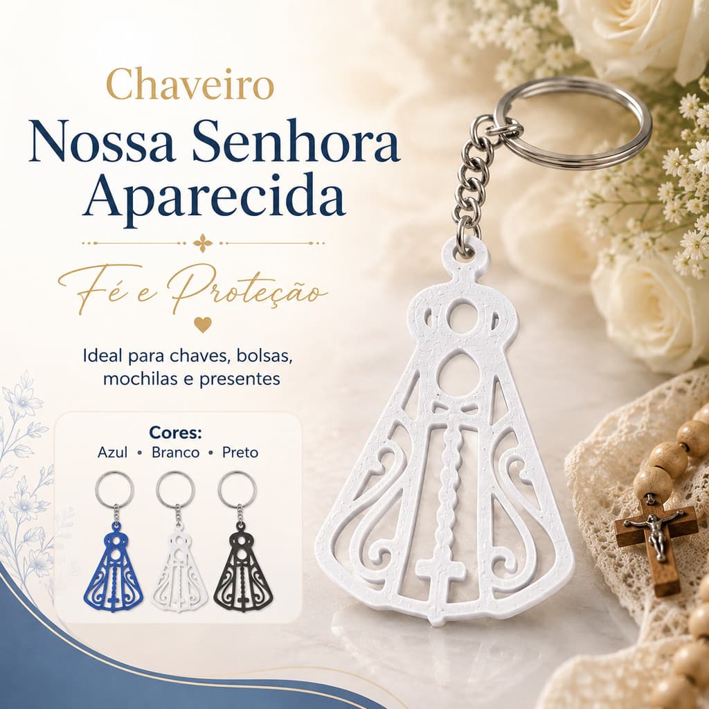 Kit Chaveiro Nossa Senhora Aparecida Religioso – 10, 20, 30, 40 ou 50 Unidades | Azul, Branco ou Preto