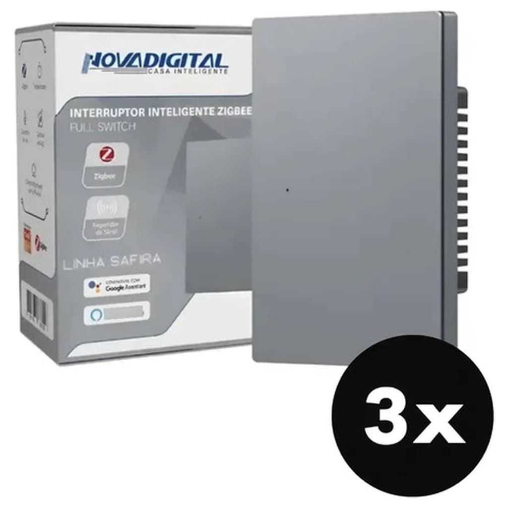 Kit 3 Interruptor Inteligente Nova Digital SA-1 Safira ZigBee 3.0 Vidro Temperado 100-240V Alexa Google Tuya SmartLife