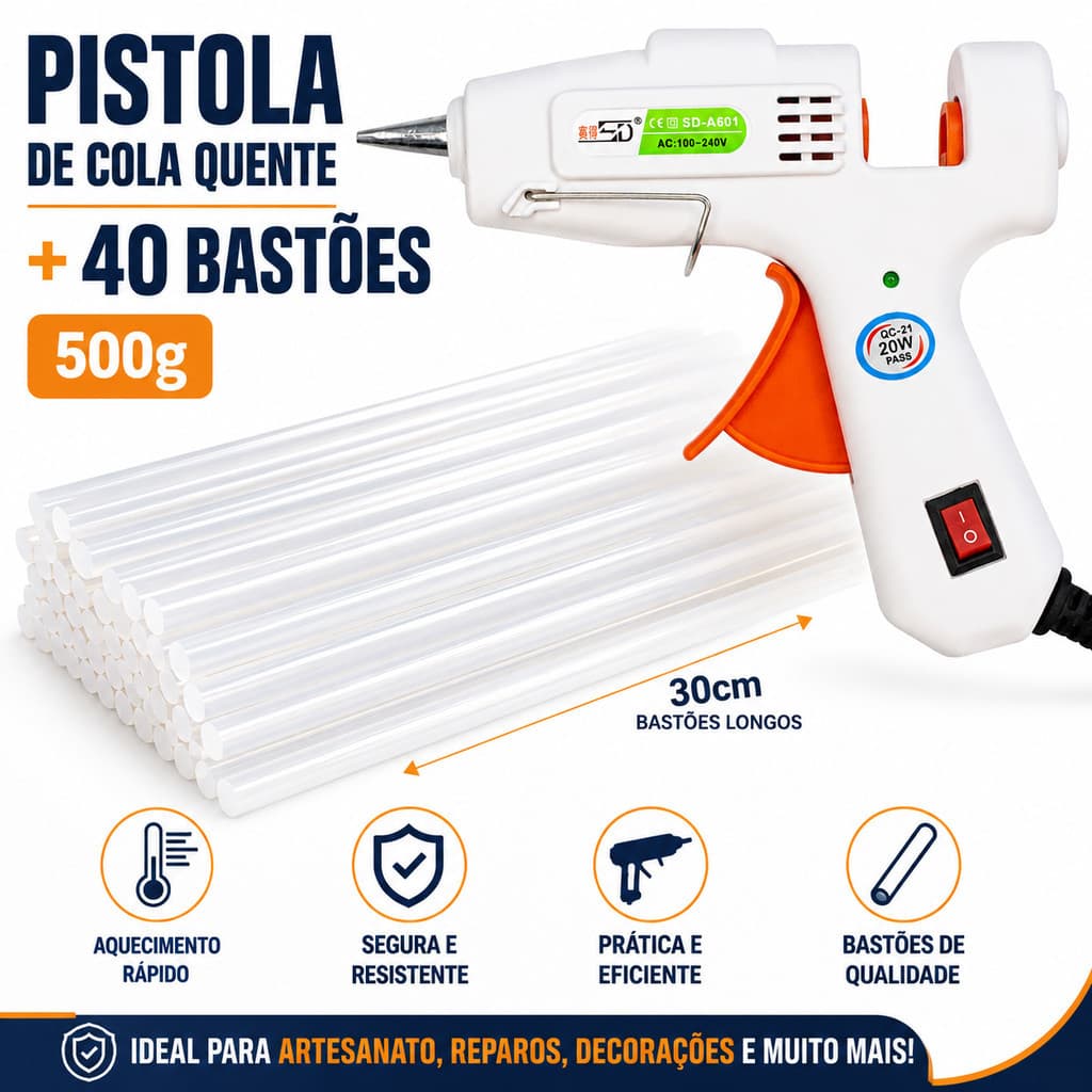 Pistola De Cola Quente 20w Bico Fino Bivolt C/ 40 Bastões Botão Liga / Desliga