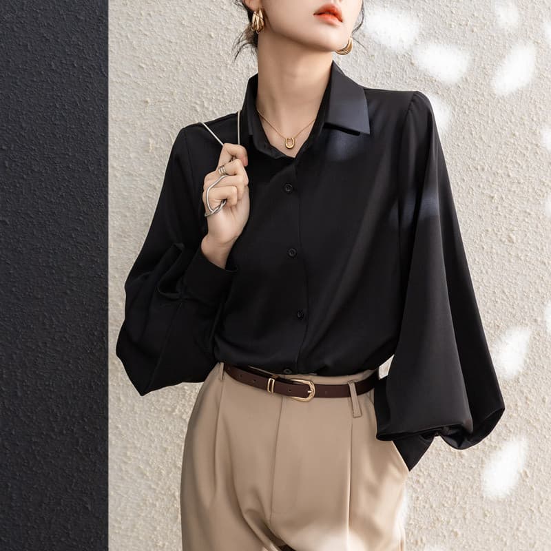 Profissional Formal Wear temperamento preto branco camisa feminina Design sentido lanterna manga Workwear Commuter 2026