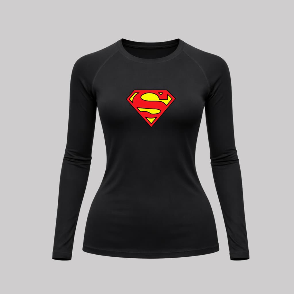 Camiseta Super Man Feminina Manga Longa Compressão Proteção UV 50+ Rash Guard