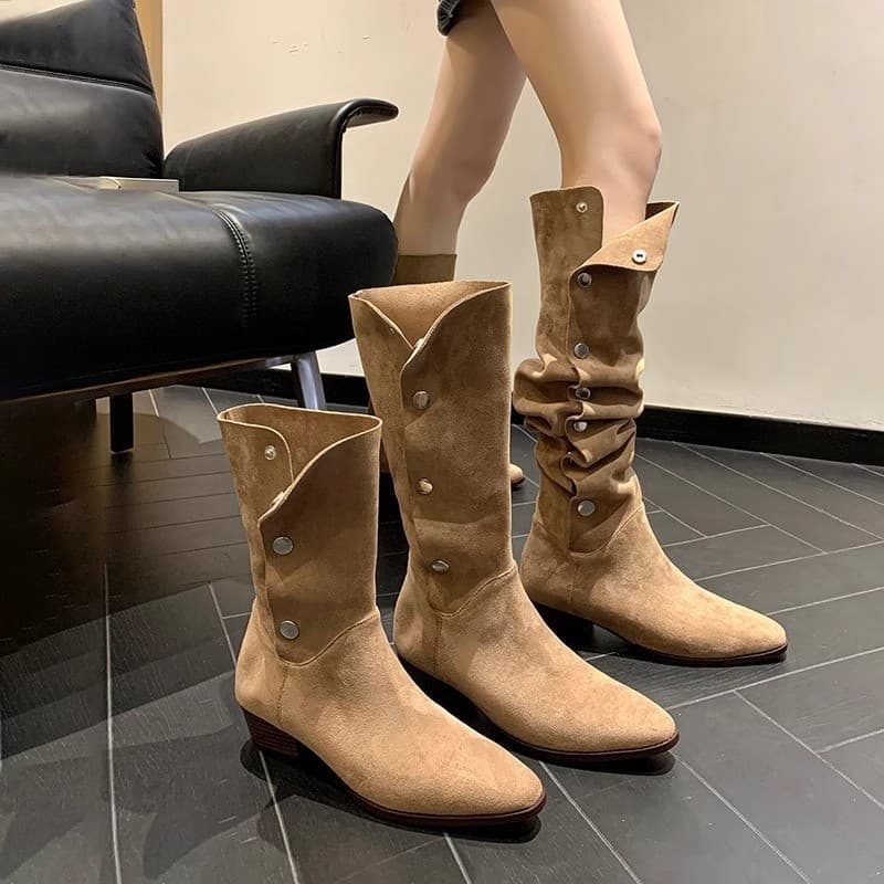2025 dedo do pé apontado camurça fosca botas de Cowboy ocidental tubo alto salto grosso botas de cavaleiro tubo curto bo