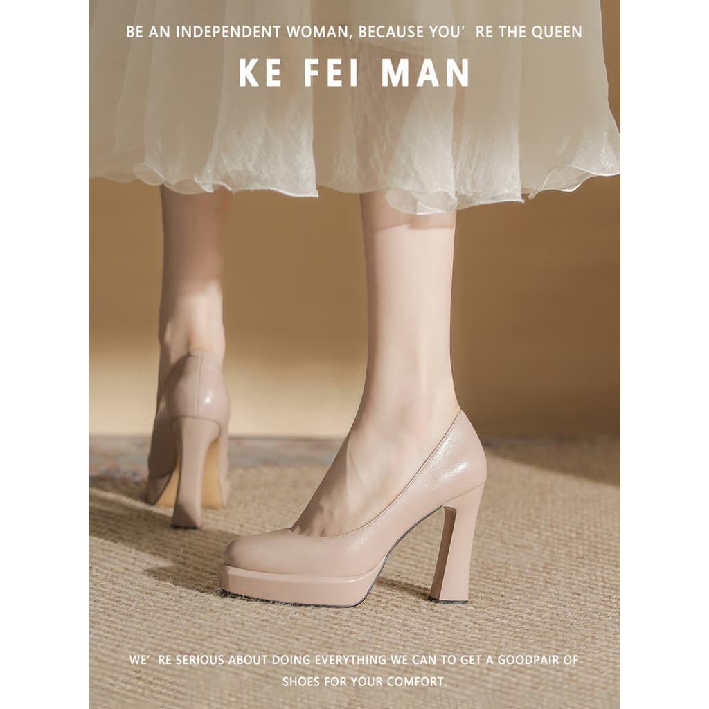 [Kefiman] Plataforma de cor Nude salto alto feminino novo estilo outono dedo do pé redondo salto Super alto sapatos de s