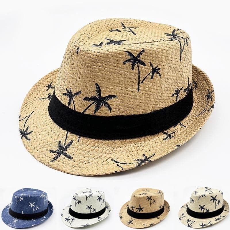 Chapéu fedora de palha com estampa de coqueiros para homens, chapéu de sol para praia, chapéu Panamá masculino de verão,