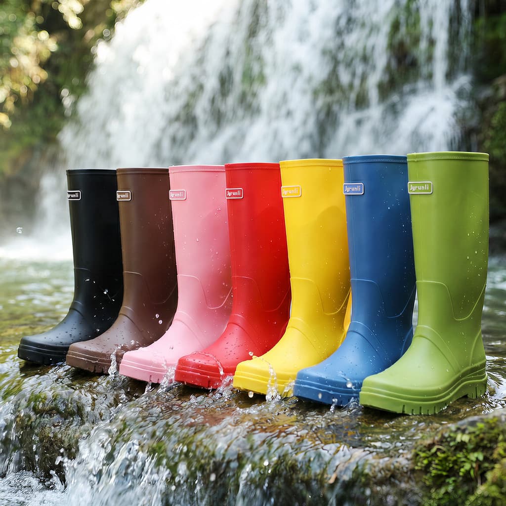Botas de chuva femininas de cor sólida para uso transfronteiriço, botas de água de cano alto com sola grossa, botas de c