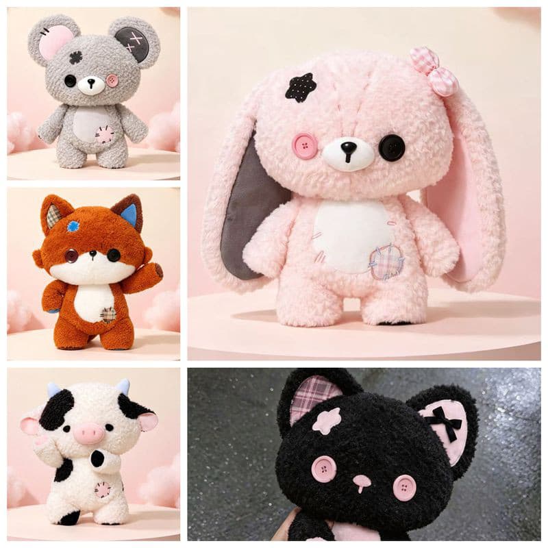 Brinquedo de Pelúcia com Efeito de Retalhos, Boneco de Pelúcia Fofo, Coelho, Raposa, Vaca, Urso, Gato de Pelúcia Macio,