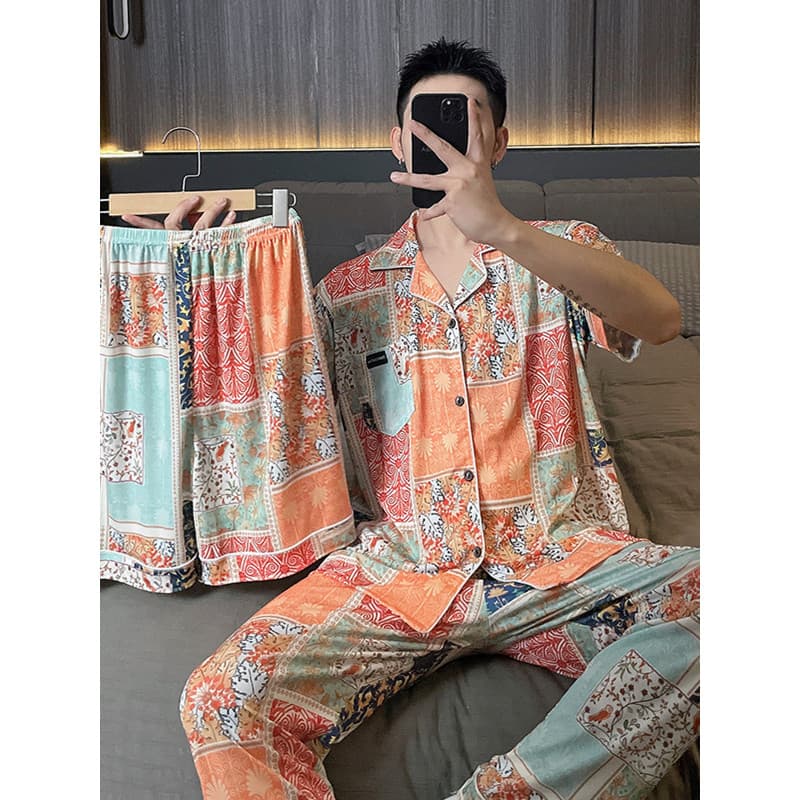 Pijama masculino de seda gelo legal, três peças, verão, manga curta, gordo, plus Size, 150kg, roupa de casa masculina da