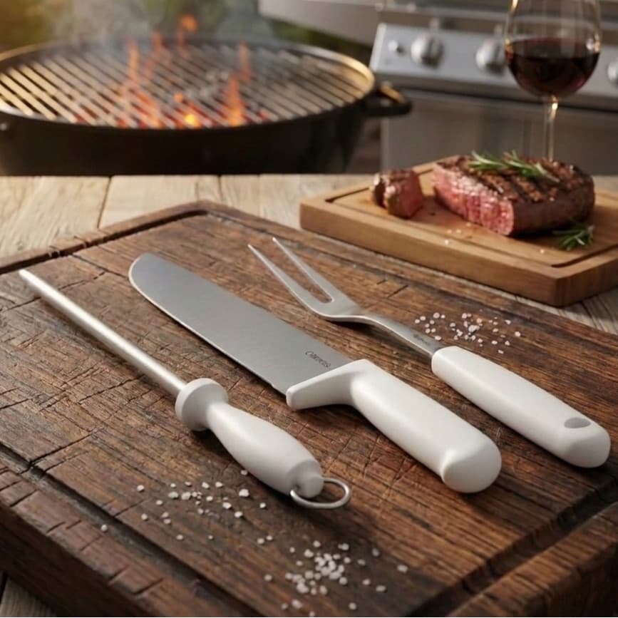Kit Faca para Churrasco Inox GP6 Universo Faca Garfo Chaira 3 Peças