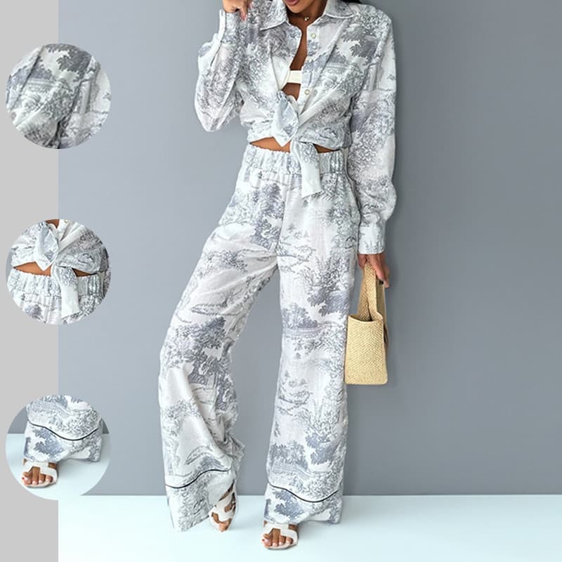 Nova Coleção de Verão 2026 para Mulheres, Conjunto de Moda Europeia e Americana, Camisa Casual Estampada com Amarração e