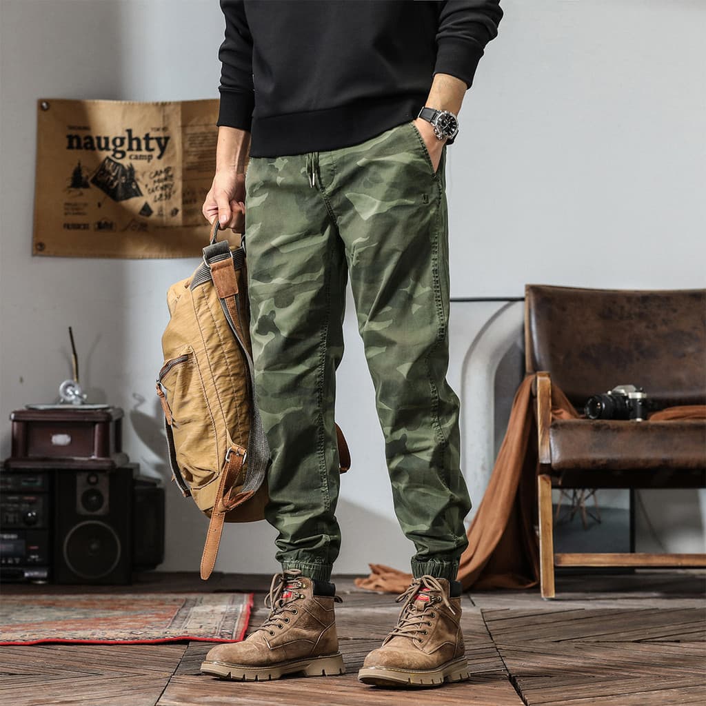 Americano Retro camuflagem calças masculinas verão High-End puro algodão lona magro-ajuste calças casuais cintura elásti