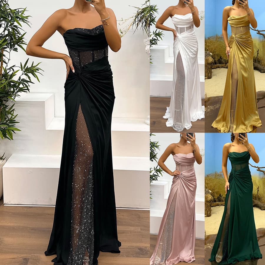Vestido 2024 Primavera e Outono Novo Vestido de Festa de Cetim Sem Alças Vestido Casual de Moda com Detalhes em Patchwor