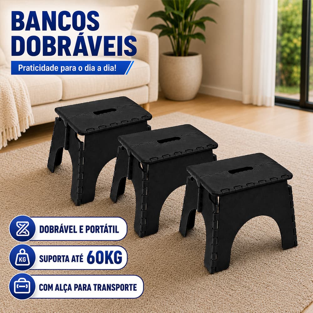 Banqueta Banquinho Dobrável Em Plástico Até 60Kg Resistente Para Viagem Acampamento