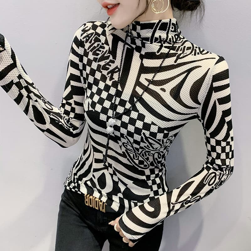 Meia gola alta camisa de fundo feminina 2024 outono novo estilo moda impressa camiseta feminina de manga comprida magro