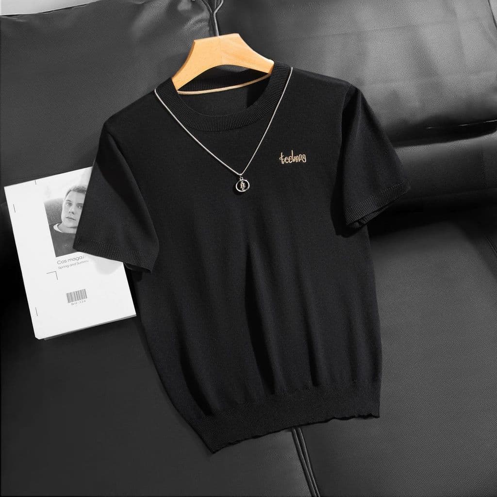 Simples carta bordado preto gelo seda malha manga curta 2026 verão novo estilo masculino em torno do pescoço meia manga