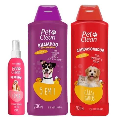 Pet Clean Kit Shampoo 5 em 1 Condicionador e Perfume Higiene Completa Cães e Gatos