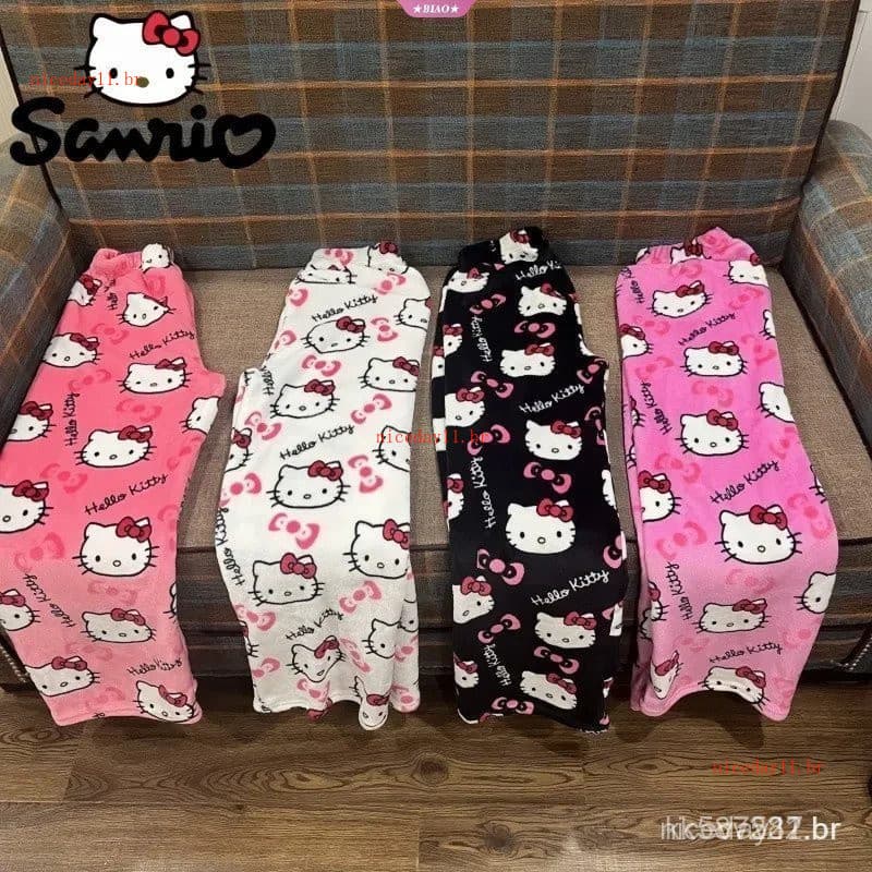 Pijama Feminino de Flanela Preta Sanrio Hello Kitty, Calças de Lã Quentes e Casuais, Estilo de Moda Outono e Inverno O T