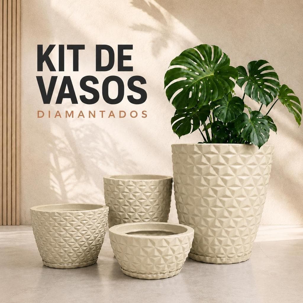 kit 4 vasos decorativos diamantado 3D para flores e plantas Coluna n° 1 e 2 + Bojo n°1 + bacia P c/ prato coletor
