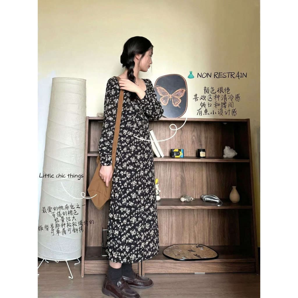 Vestido Floral francês feminino outono inverno interior babados Design sentir cintura estreita elegante Fishtail vestido