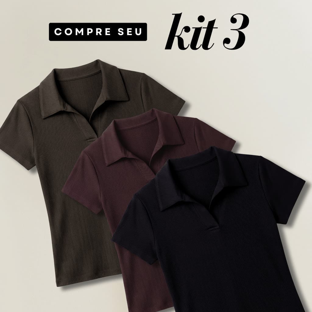 Kit 3 Blusa Polo Feminina Manga Curta Canelada Elegante Casual Estilosa
