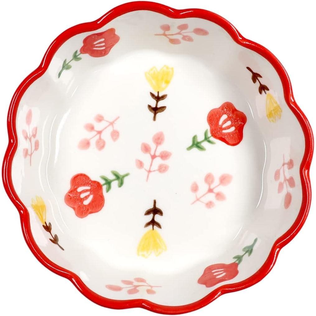 Tigela de Cerâmica com Padrão de Flores Pintada à Mão, Borda Ondulada, 6-8 Polegadas (6 Polegadas, Vermelha) R9T4