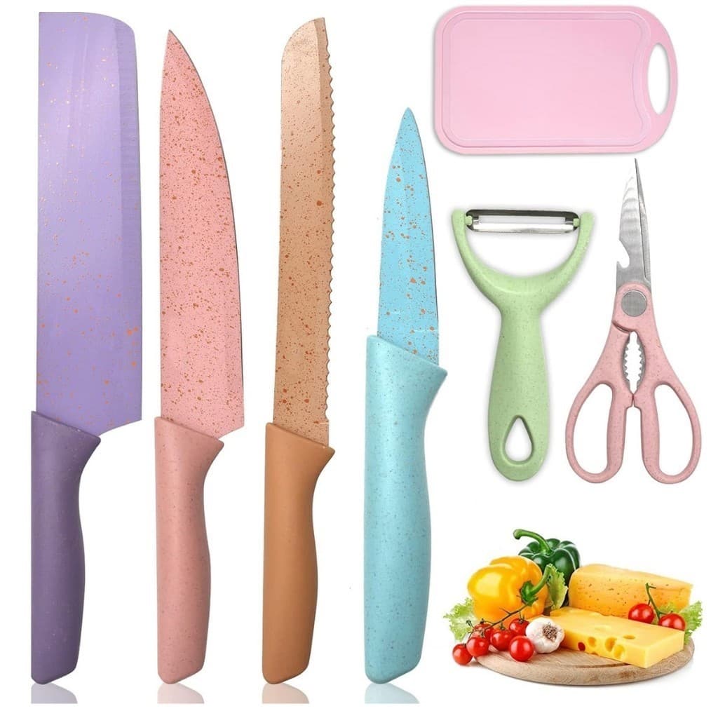 ​​Conjunto de Facas para Cozinha - Kit de 7 Peças, Inclui Faca para Churrasco e Tábua de Corte