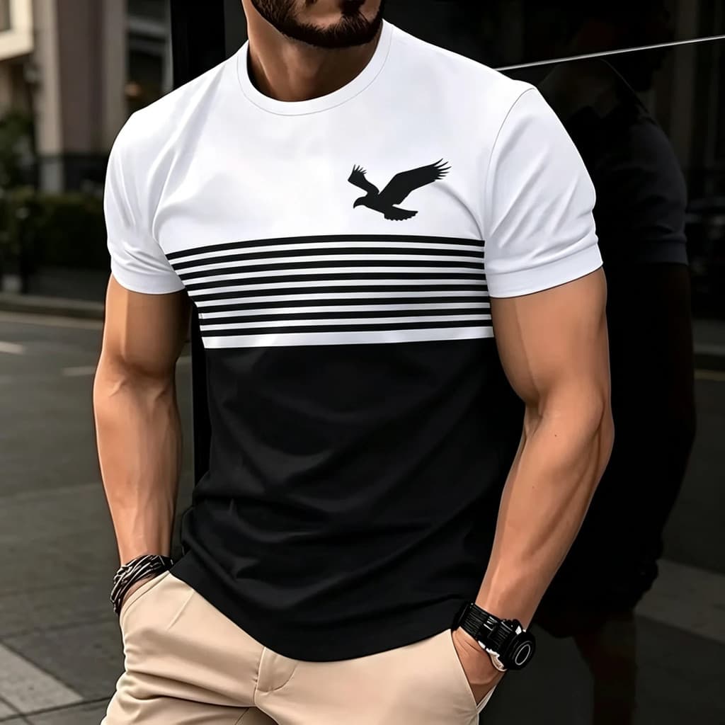 Camiseta Masculina Listrada Colorida Com Estampa De Pássaro Águia , Gola Redonda , Manga Curta , Casual , Diária , Plus