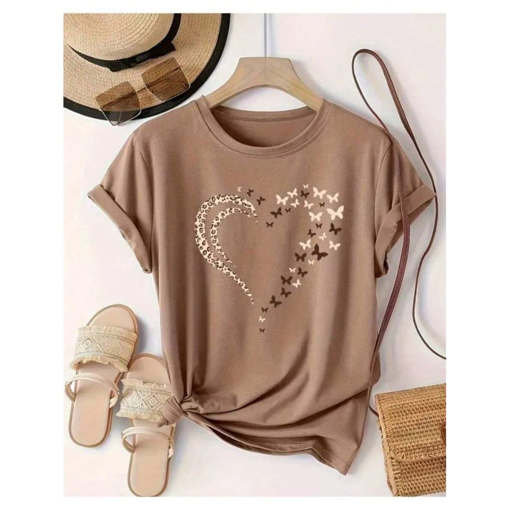 Blusa T-shirt Camiseta Feminina Estampa De Coração Borboleta
