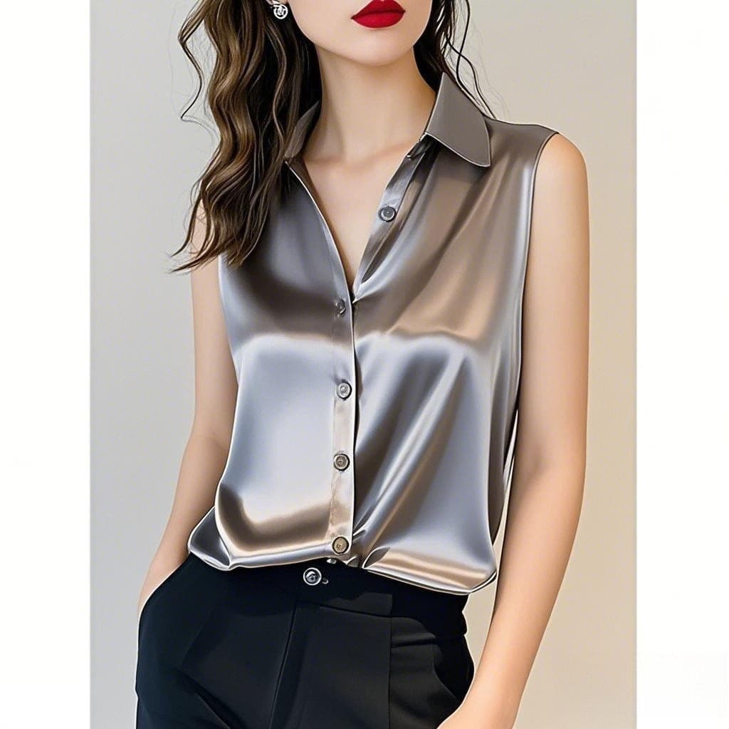 Camisa de Cetim Sem Mangas Feminina Roupas de Verão 2025 Nova Blusa 2381