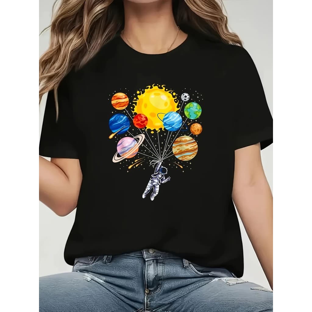 Camiseta Casual Feminina de Astronauta & Sistema Solar - Algodão Elástica, Manga Curta