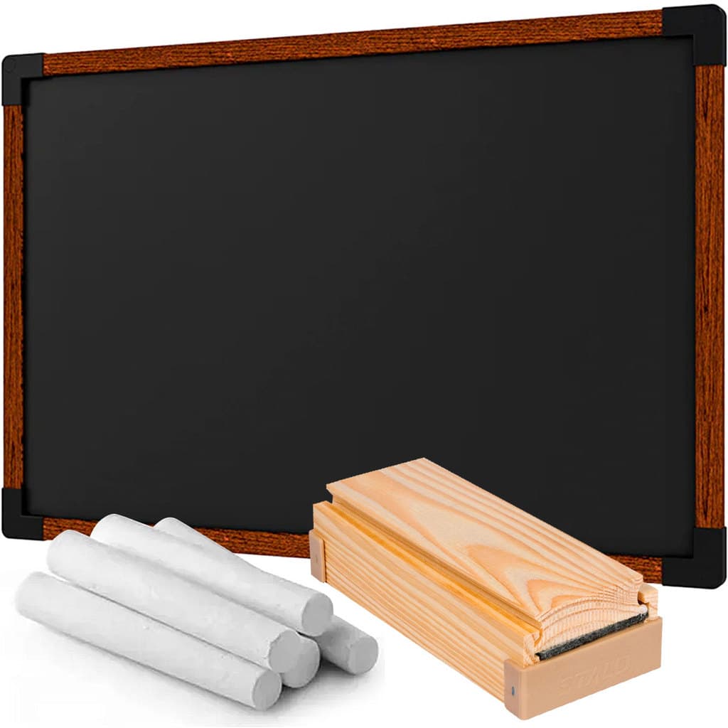 Lousa Preta Quadro Branco Escolar 40x30cm Moldura Mogno Stalo + Apagador Com Depósito + 10 Giz Stalo
