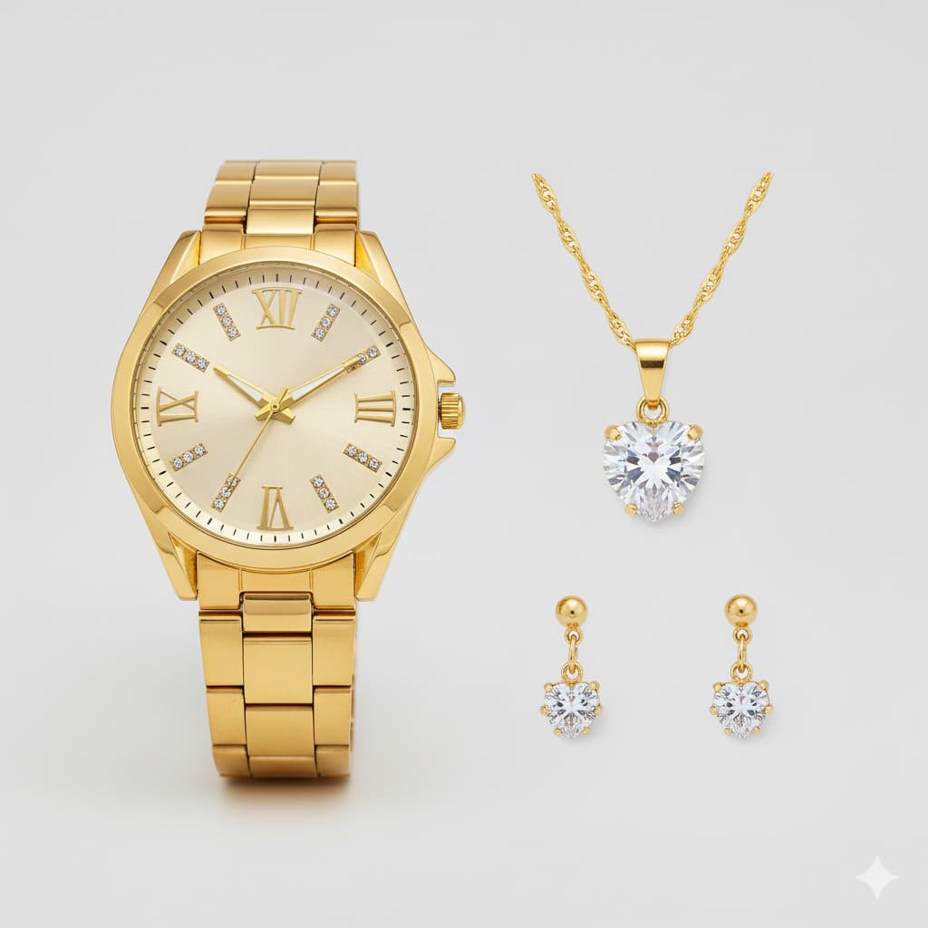 Relógio Feminino Dourado + Colar e Brinco Folheados, Elegância e Sofisticação em Cada Detalhe!