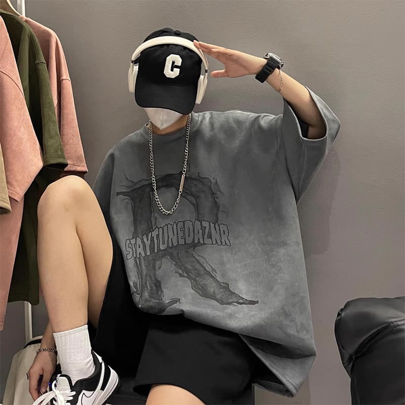 Novo estilo americano pesado Street Wear camiseta de manga curta masculina verão solto Casual em torno do pescoço adoles