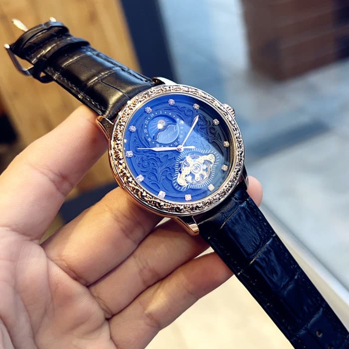 Novo estilo Renee preto ouro iate cravejado de diamantes pulseira de couro genuíno à prova dwaterproof água relógio masc