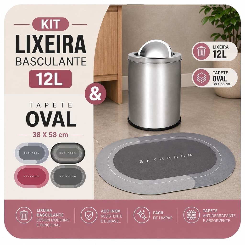 Kit Lixeira Inox 12L Tampa Basculante Com Tapete Oval Cesto De Lixo Cozinha Banheiro Lavanderia