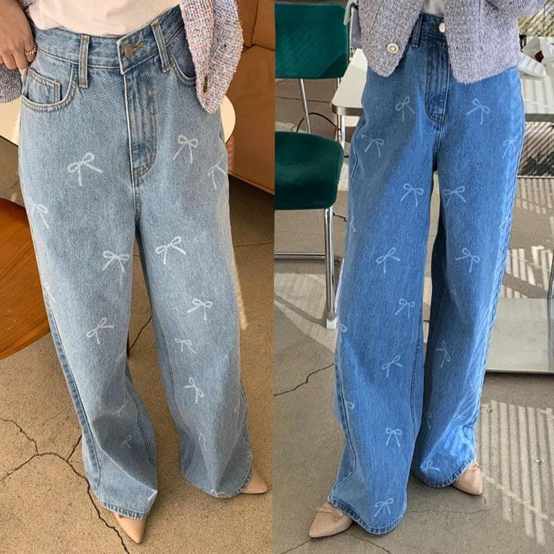 Coreia chique primavera Retro temperamento cintura alta All-Match volta arco impressão bolso calças de perna reta Jeans