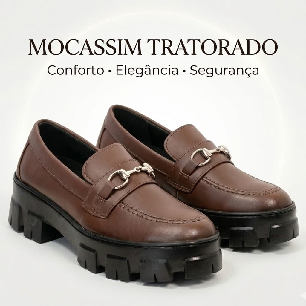 Sapato Mocassim Feminino Tratorado Leve Marrom Loafer Plataforma Confortável Blogueira Tendencia