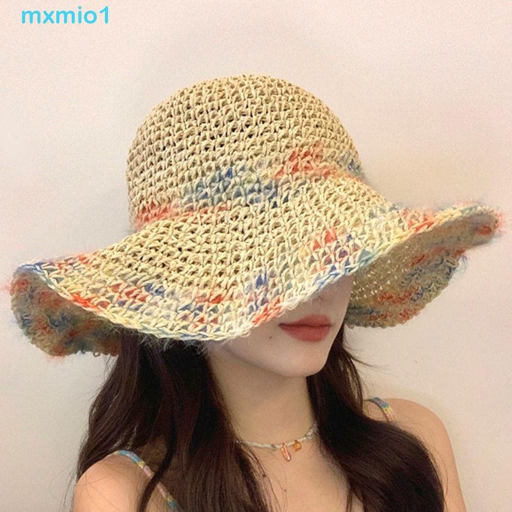 MXMIO1 Chapéu Balde De Tecido , De Palha De Aba Larga Colorido Respirável Praia Estilo Coreano Dobrável Boho