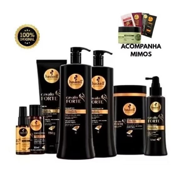 Kit Cavalo Forte 7 itens Sh 1L- Cond 1L- Mas 900g- Compl 35ml -Selante 35ml -Leavein 150g- e Ton 120ml Haskell