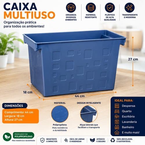 Caixa Multiuso Organizadora Retangular 21L Azul Roupas Brinquedos Materiais escolares Documentos