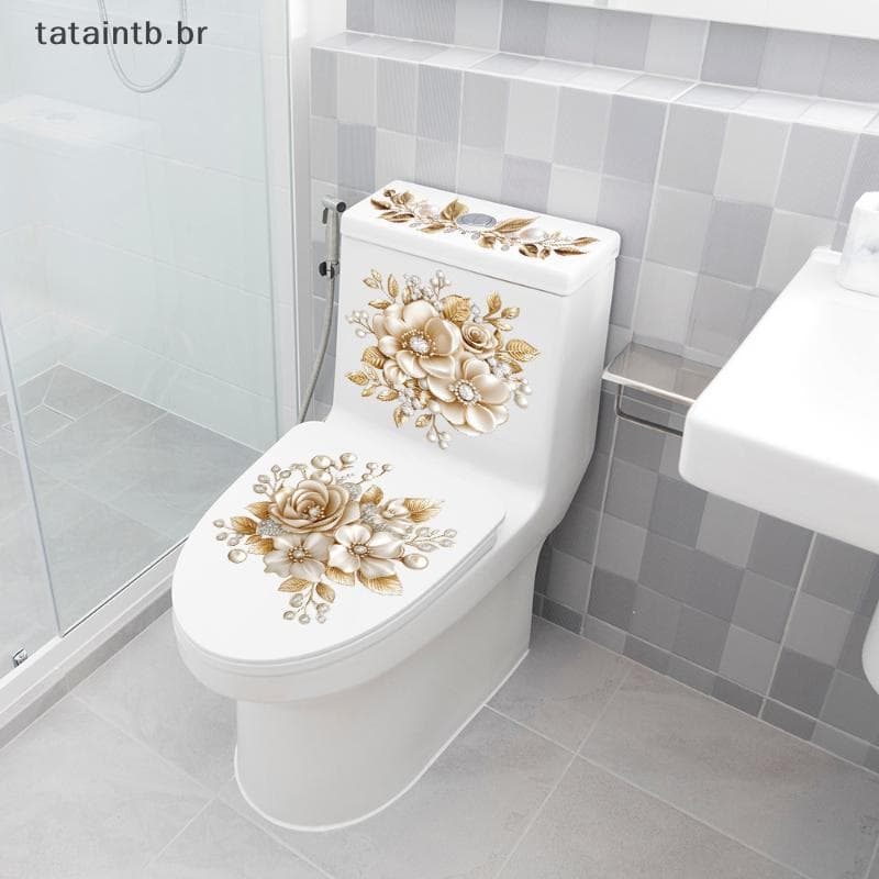 [TaTa] Luxo Ouro Pérola Floral Toalete Stier À Prova Dwaterproof Água Auto-Adesivo Decoração Do Banheiro Parede Stiers P
